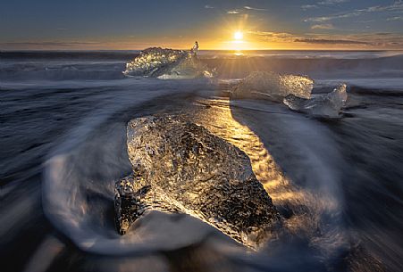 Diamond beach, ice formations on the volcanic shore at Jokulsarlon lagoon, Iceland, Europe